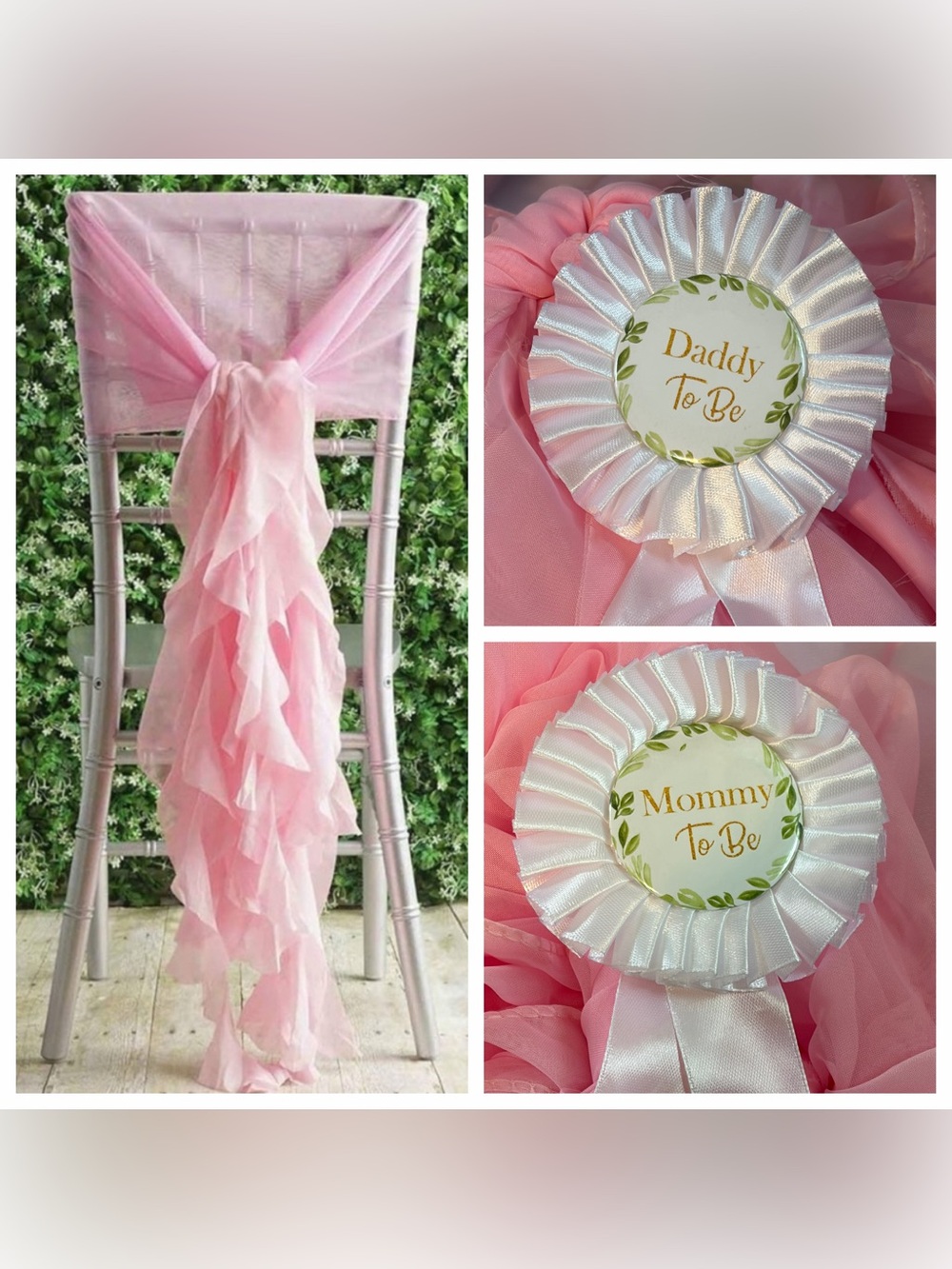 BalsaCircle 2 Pink Premium Curly Chiffon Chair Covers w/ Sash & Mom/Dad to be